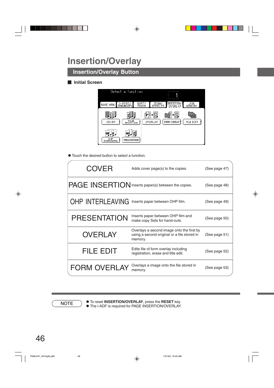 Insertion/overlay, Cover, Page insertion | Ohp interleaving, Presentation, Overlay, File edit, Form overlay | Panasonic DP-3510 User Manual | Page 46 / 130