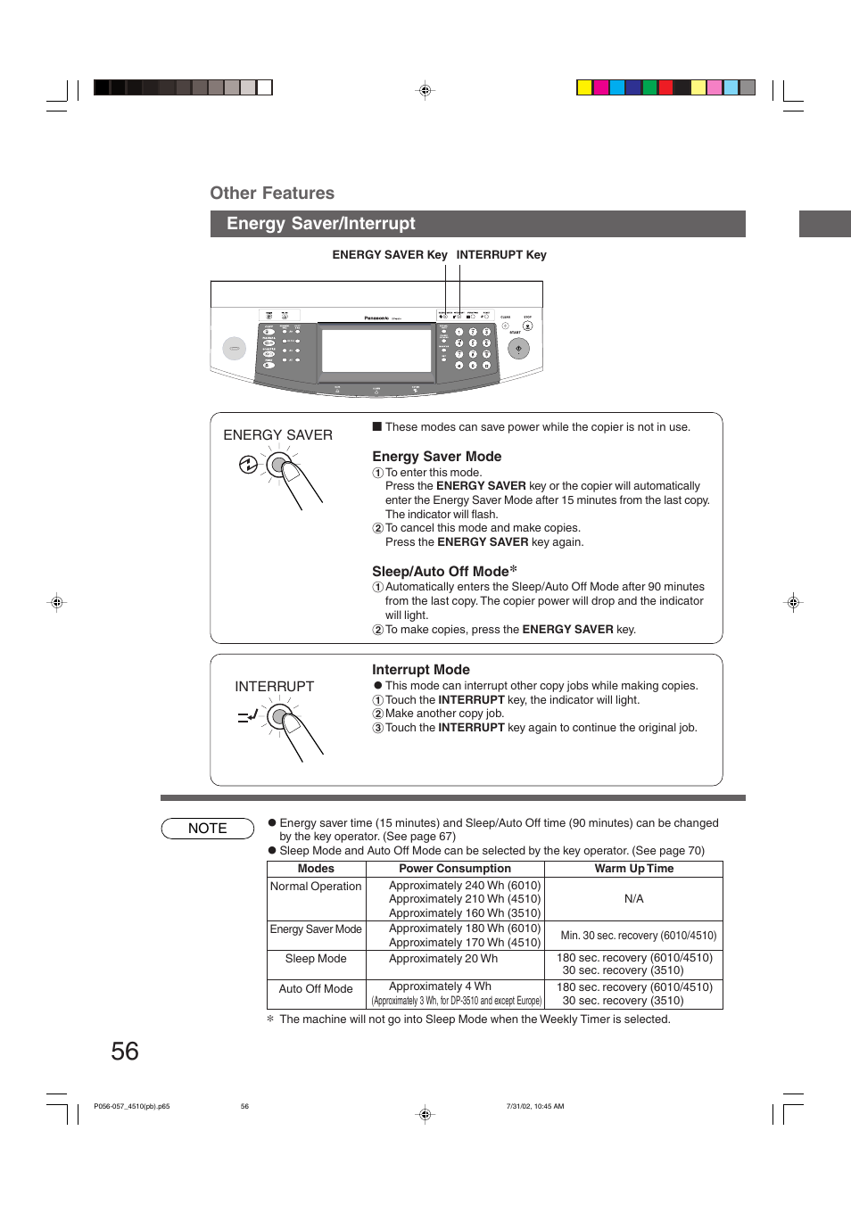 Energy saver/interrupt, Other features | Panasonic DP-3510 User Manual | Page 56 / 130