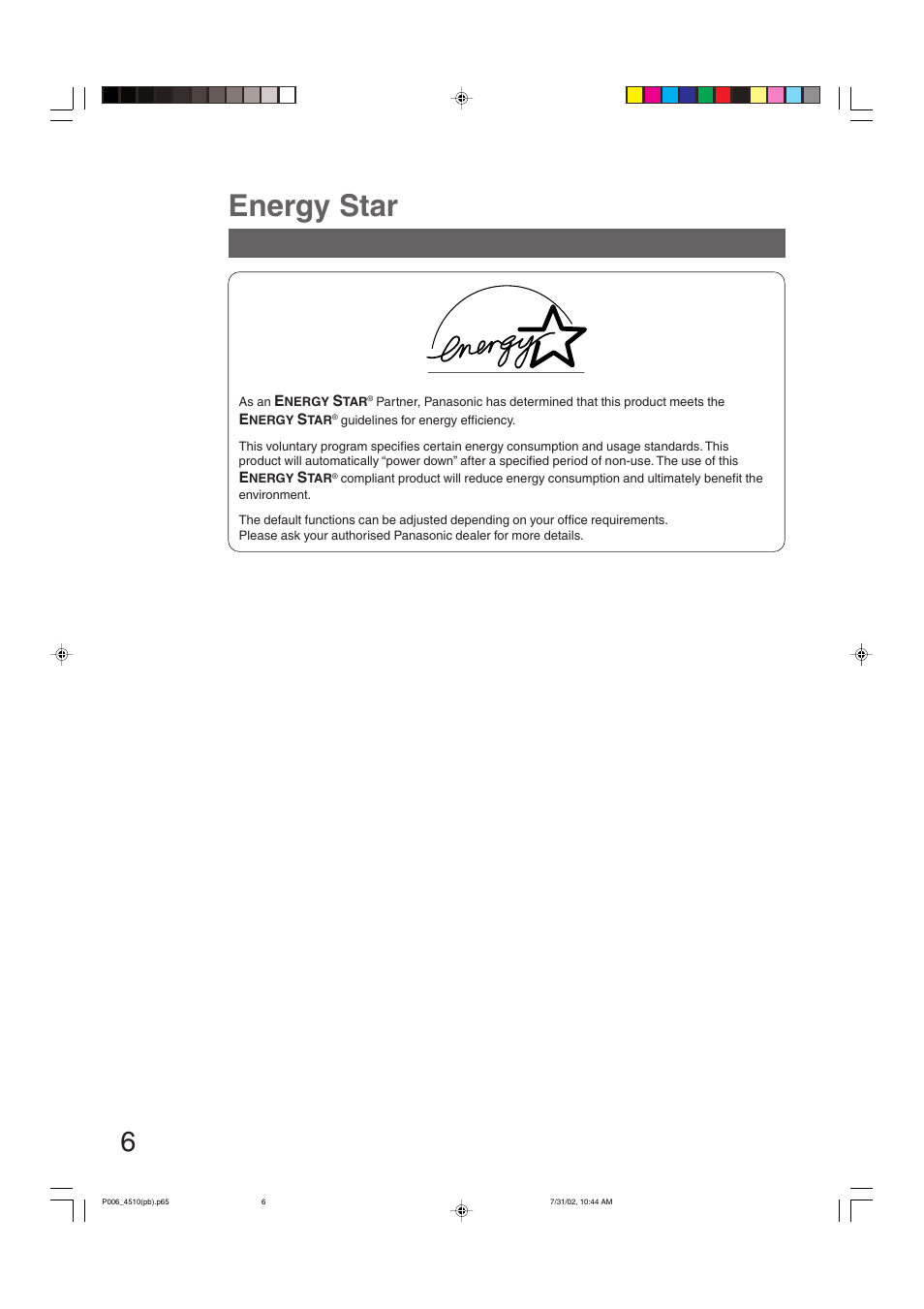 Energy star | Panasonic DP-3510 User Manual | Page 6 / 130