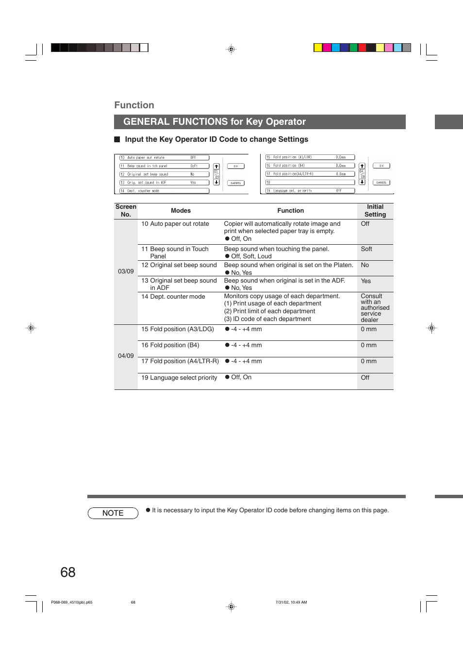 Function, General functions for key operator | Panasonic DP-3510 User Manual | Page 68 / 130