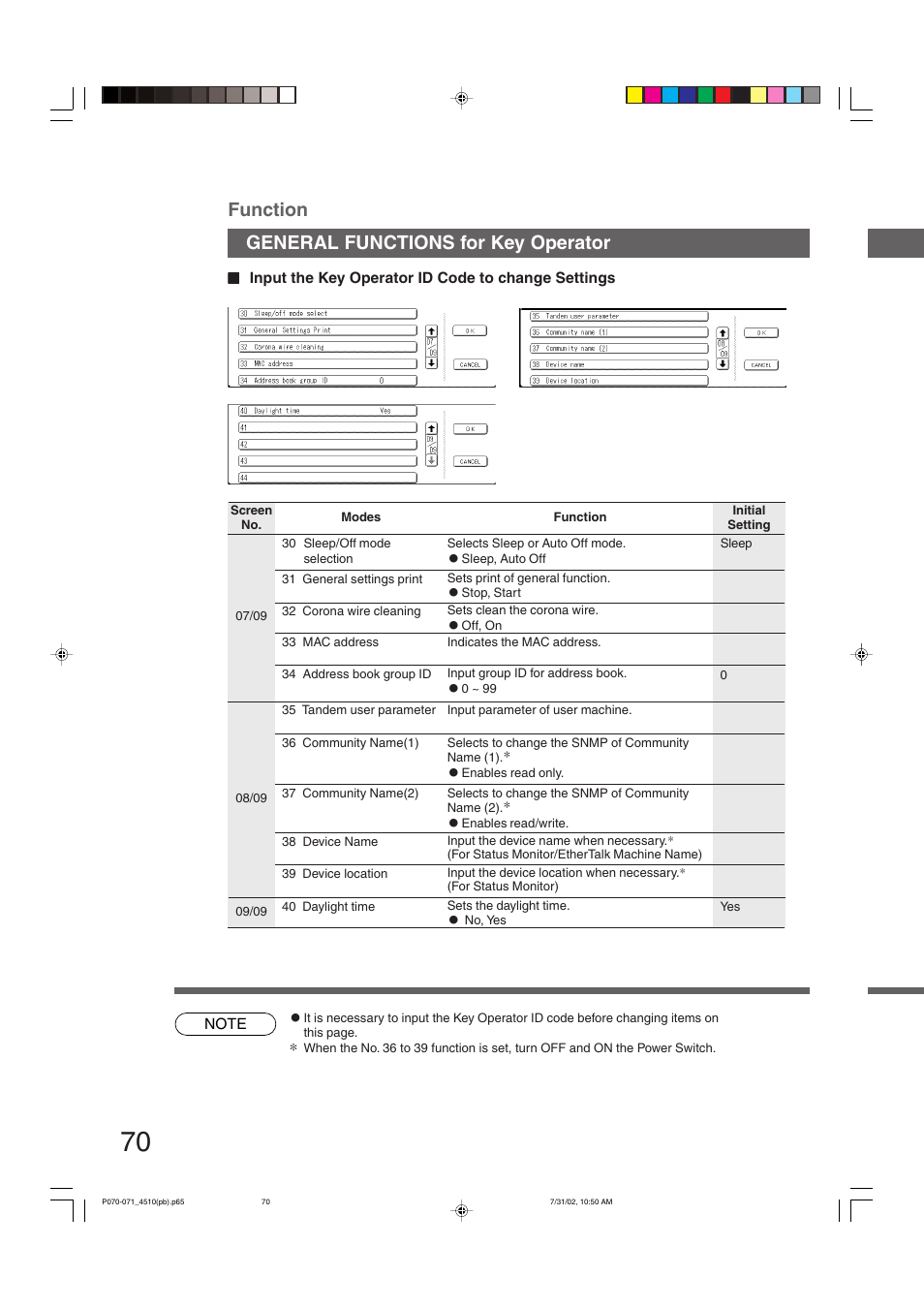 Function, General functions for key operator | Panasonic DP-3510 User Manual | Page 70 / 130