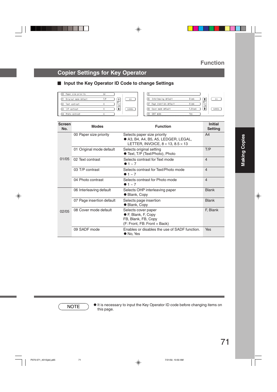 Function copier settings for key operator | Panasonic DP-3510 User Manual | Page 71 / 130