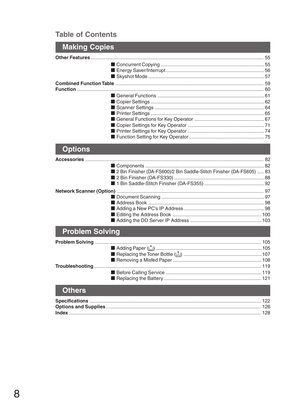 Table of contents options, Problem solving, Others | Making copies | Panasonic DP-3510 User Manual | Page 8 / 130