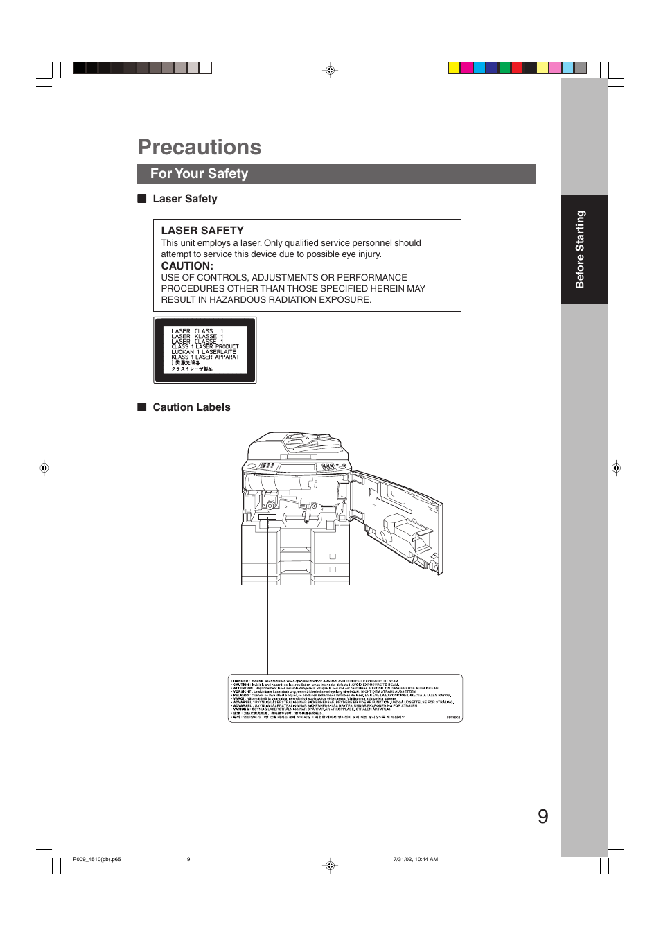 Precautions | Panasonic DP-3510 User Manual | Page 9 / 130