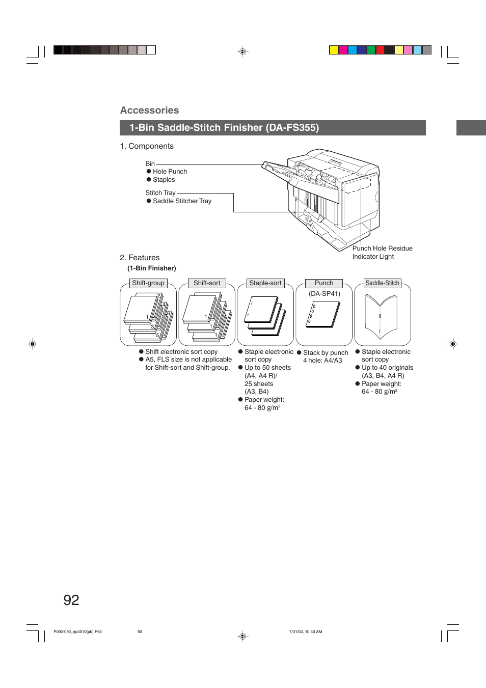 Bin saddle-stitch finisher (da-fs355) accessories | Panasonic DP-3510 User Manual | Page 92 / 130