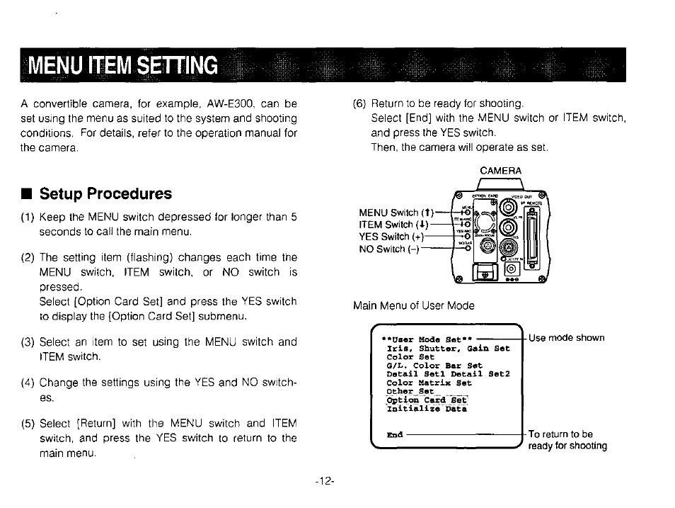 Menu itiem setting, Setup procedures | Panasonic AW-PB303 User Manual | Page 12 / 19