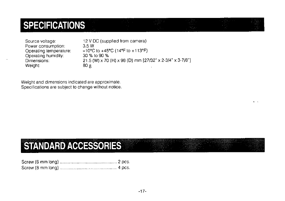 Specifications, Standard accessories | Panasonic AW-PB303 User Manual | Page 17 / 19
