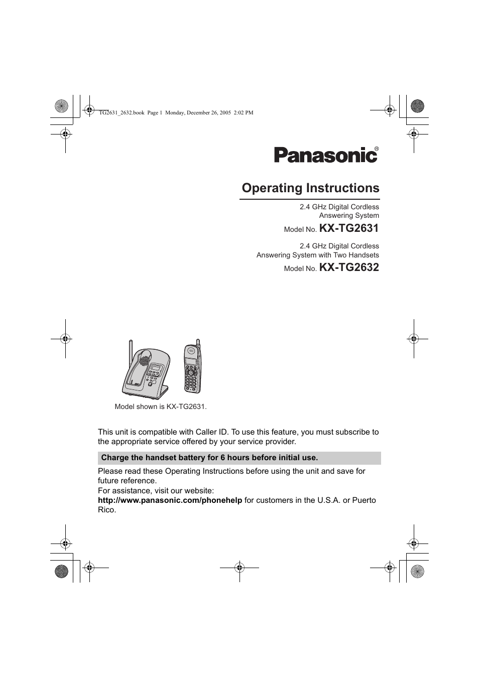 Panasonic 2.4 GHz Digital Cordless Answering System KX-TG2631 User Manual | 60 pages