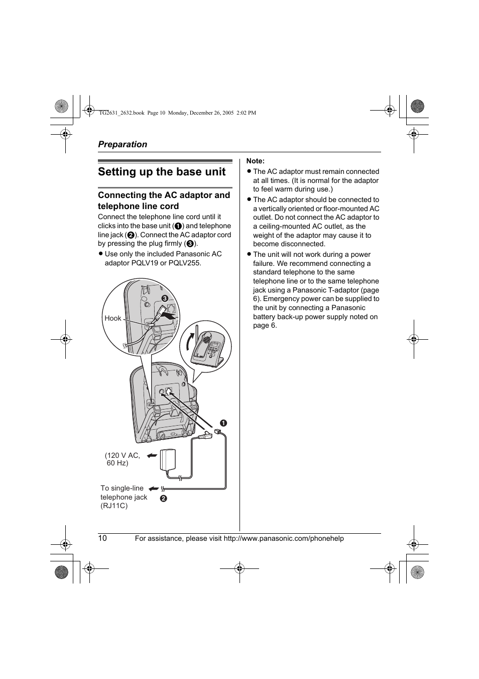 Preparation, Setting up the base unit | Panasonic 2.4 GHz Digital Cordless Answering System KX-TG2631 User Manual | Page 10 / 60