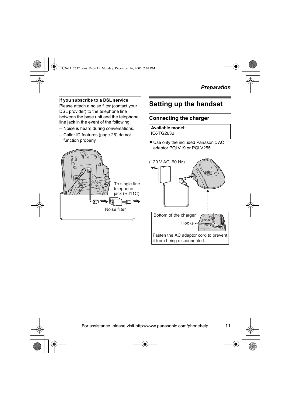 Setting up the handset | Panasonic 2.4 GHz Digital Cordless Answering System KX-TG2631 User Manual | Page 11 / 60