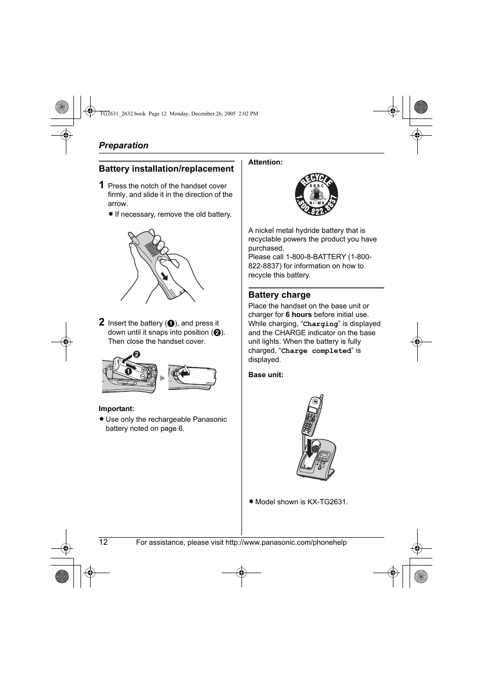 Panasonic 2.4 GHz Digital Cordless Answering System KX-TG2631 User Manual | Page 12 / 60