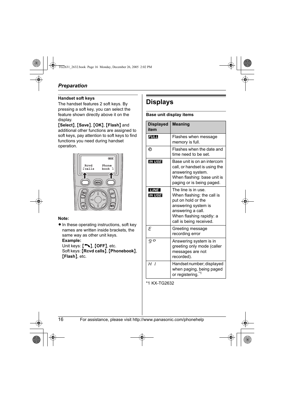 Displays | Panasonic 2.4 GHz Digital Cordless Answering System KX-TG2631 User Manual | Page 16 / 60