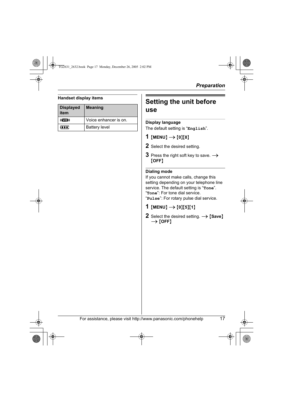 Setting the unit before use | Panasonic 2.4 GHz Digital Cordless Answering System KX-TG2631 User Manual | Page 17 / 60