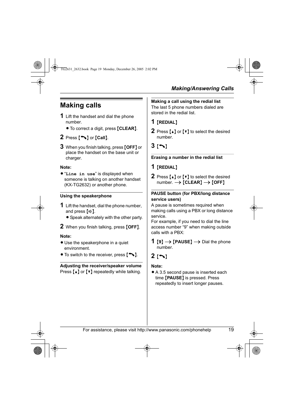 Making/answering calls, Making calls | Panasonic 2.4 GHz Digital Cordless Answering System KX-TG2631 User Manual | Page 19 / 60