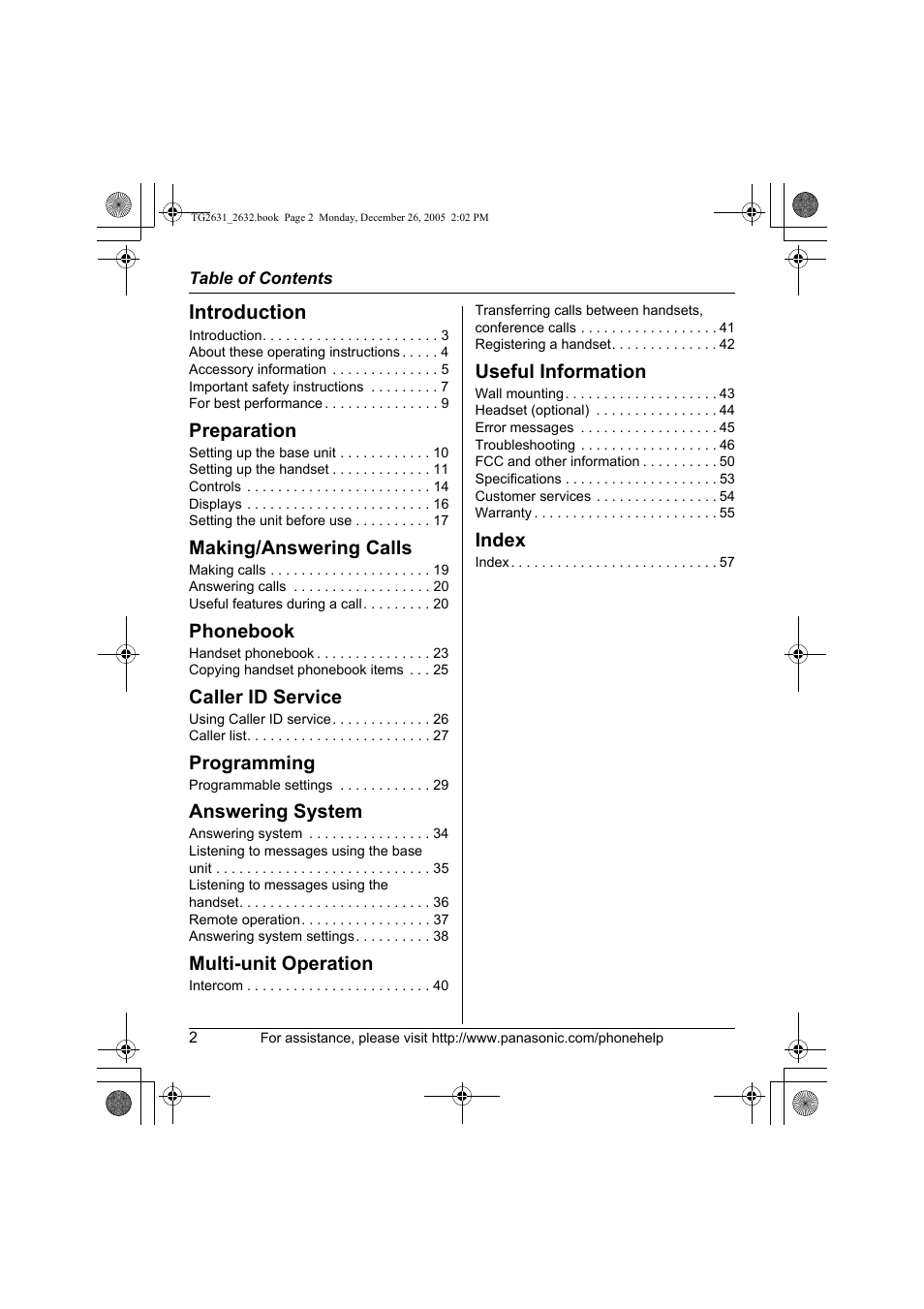 Panasonic 2.4 GHz Digital Cordless Answering System KX-TG2631 User Manual | Page 2 / 60