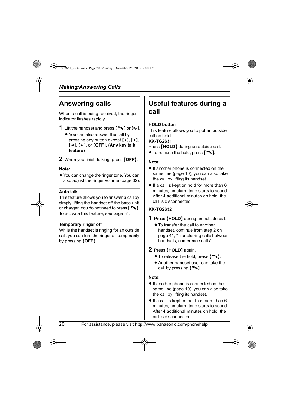 Answering calls, Useful features during a call | Panasonic 2.4 GHz Digital Cordless Answering System KX-TG2631 User Manual | Page 20 / 60