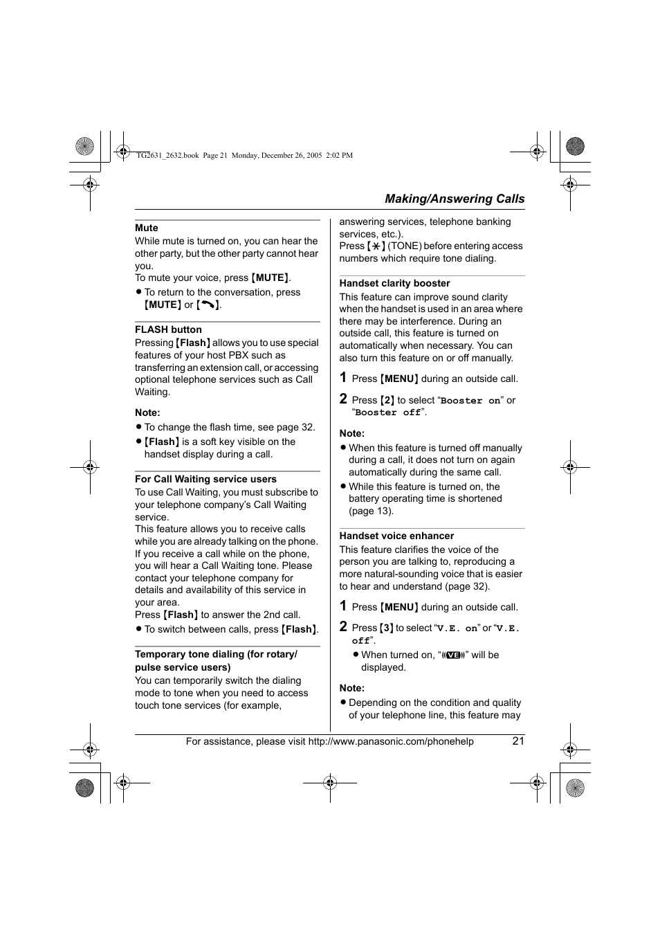 Panasonic 2.4 GHz Digital Cordless Answering System KX-TG2631 User Manual | Page 21 / 60