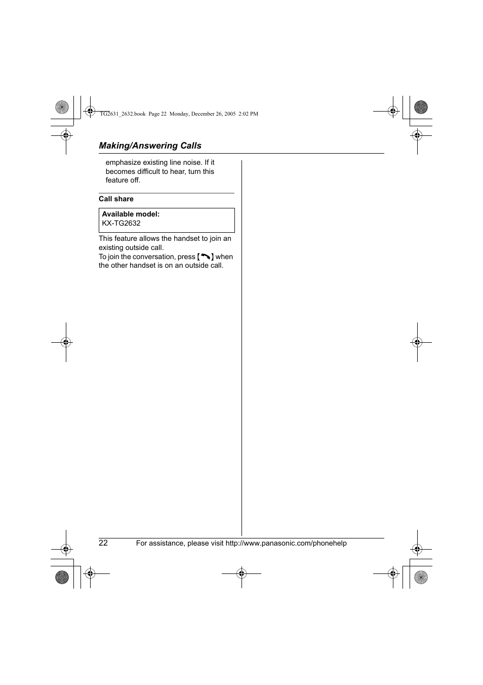Panasonic 2.4 GHz Digital Cordless Answering System KX-TG2631 User Manual | Page 22 / 60