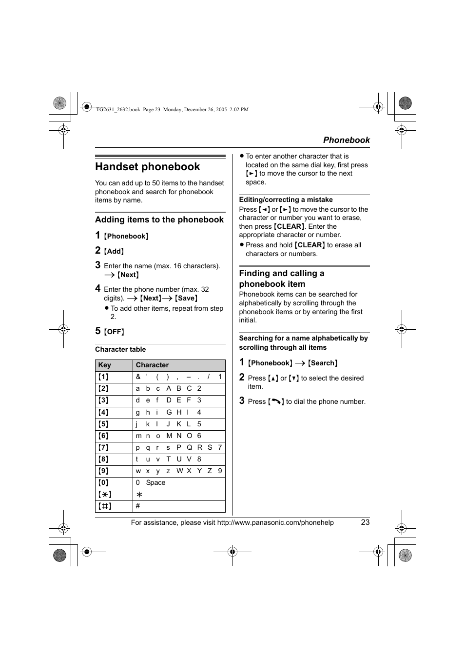 Phonebook, Handset phonebook | Panasonic 2.4 GHz Digital Cordless Answering System KX-TG2631 User Manual | Page 23 / 60