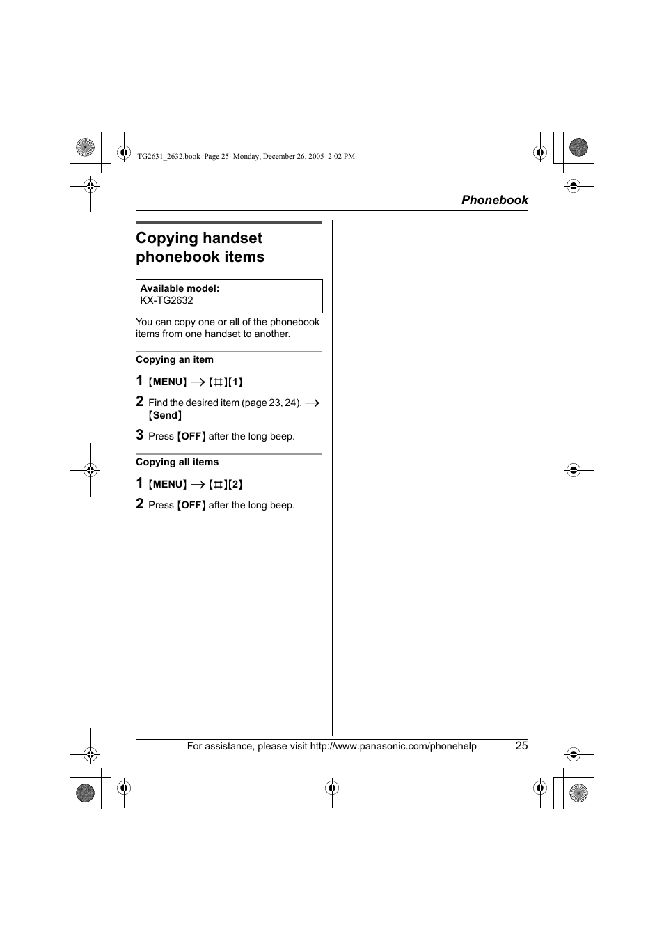 Copying handset phonebook items | Panasonic 2.4 GHz Digital Cordless Answering System KX-TG2631 User Manual | Page 25 / 60