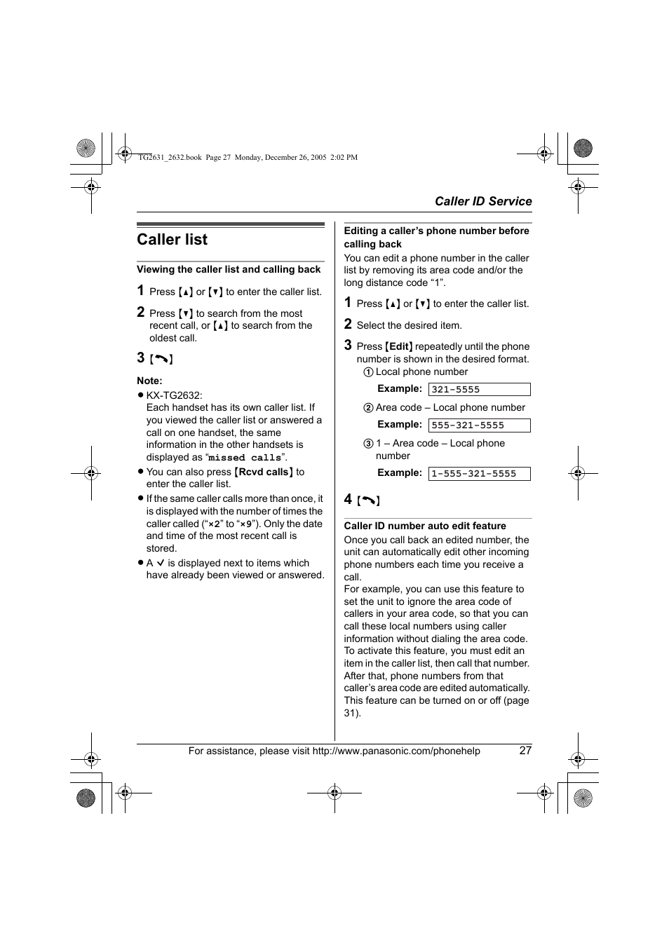 Caller list | Panasonic 2.4 GHz Digital Cordless Answering System KX-TG2631 User Manual | Page 27 / 60