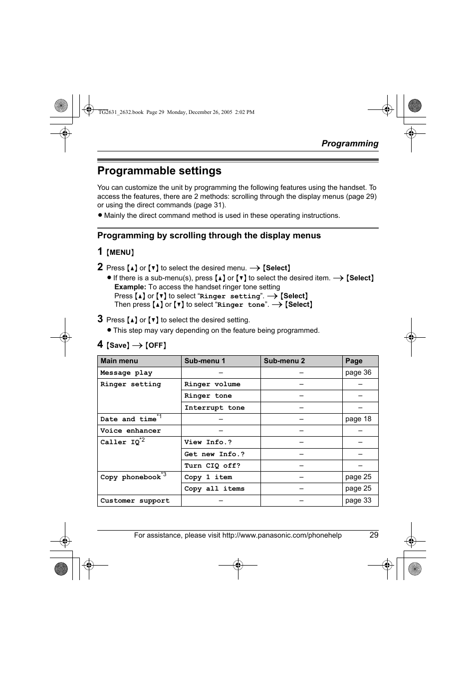Programming, Programmable settings | Panasonic 2.4 GHz Digital Cordless Answering System KX-TG2631 User Manual | Page 29 / 60