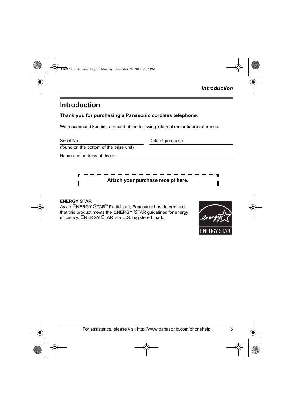 Introduction | Panasonic 2.4 GHz Digital Cordless Answering System KX-TG2631 User Manual | Page 3 / 60