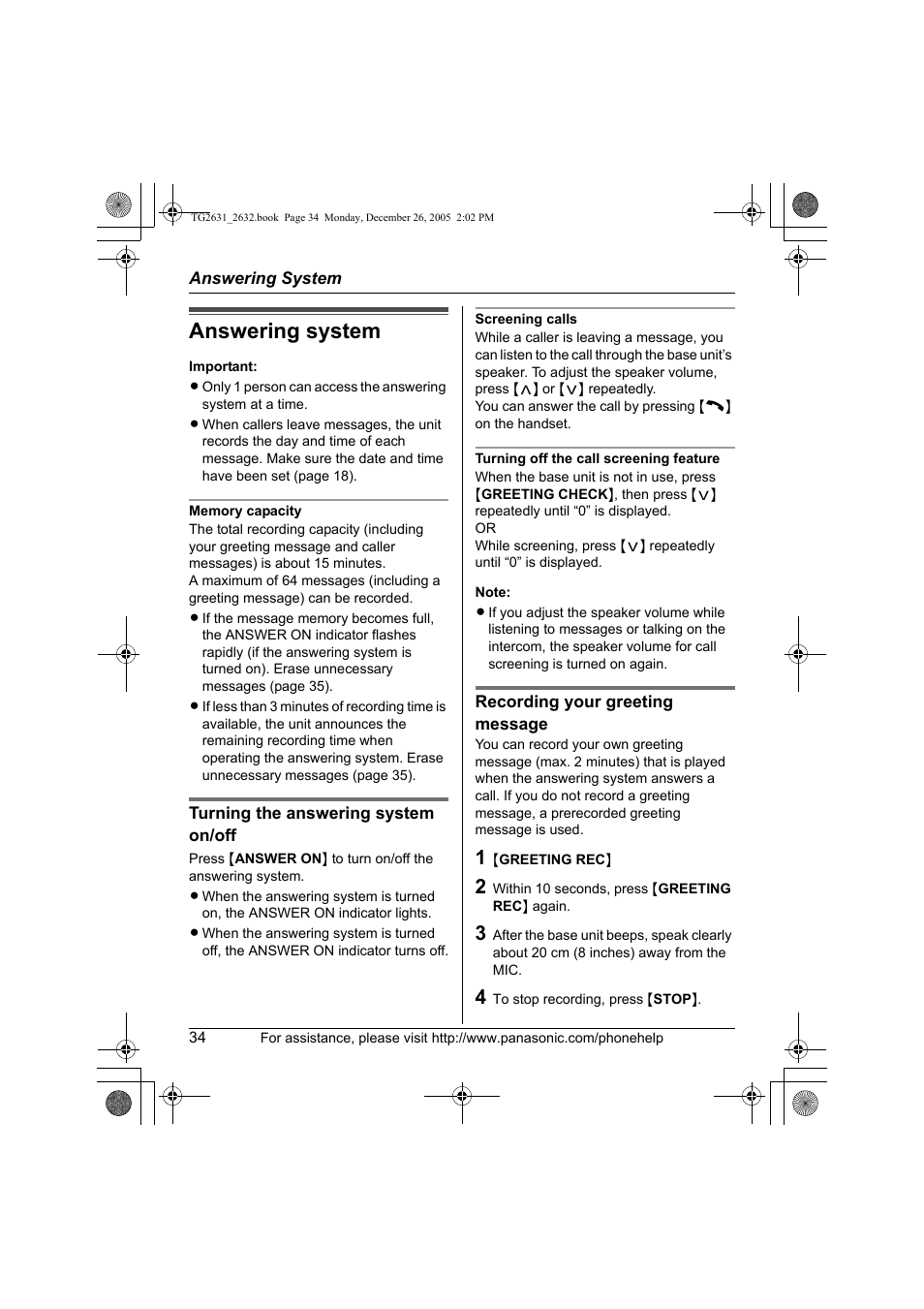 Answering system | Panasonic 2.4 GHz Digital Cordless Answering System KX-TG2631 User Manual | Page 34 / 60