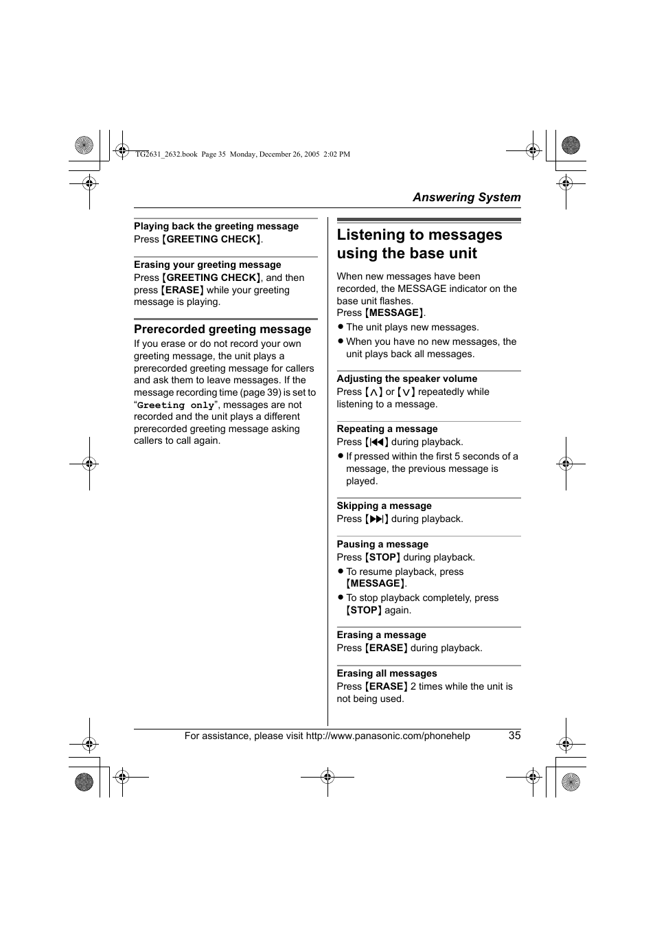 Listening to messages using the base unit | Panasonic 2.4 GHz Digital Cordless Answering System KX-TG2631 User Manual | Page 35 / 60