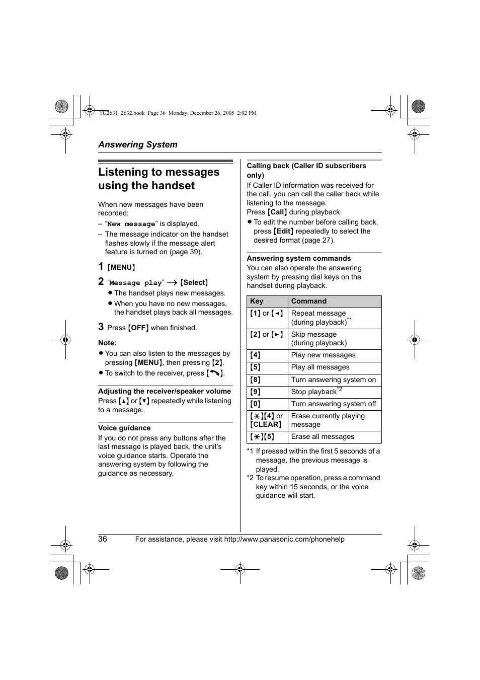 Listening to messages using the handset | Panasonic 2.4 GHz Digital Cordless Answering System KX-TG2631 User Manual | Page 36 / 60