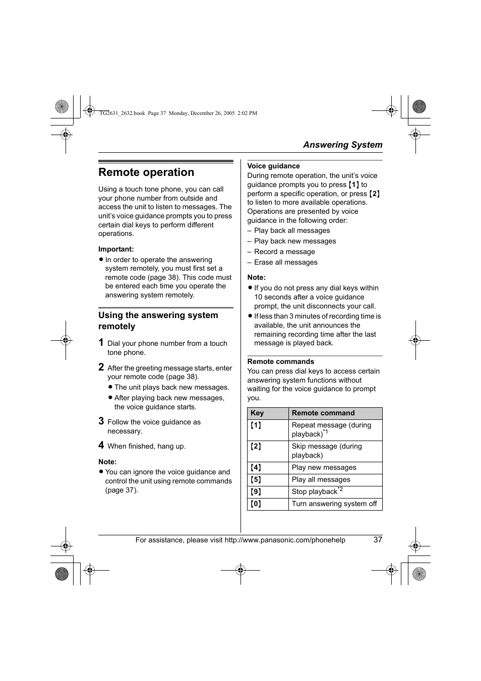 Remote operation | Panasonic 2.4 GHz Digital Cordless Answering System KX-TG2631 User Manual | Page 37 / 60