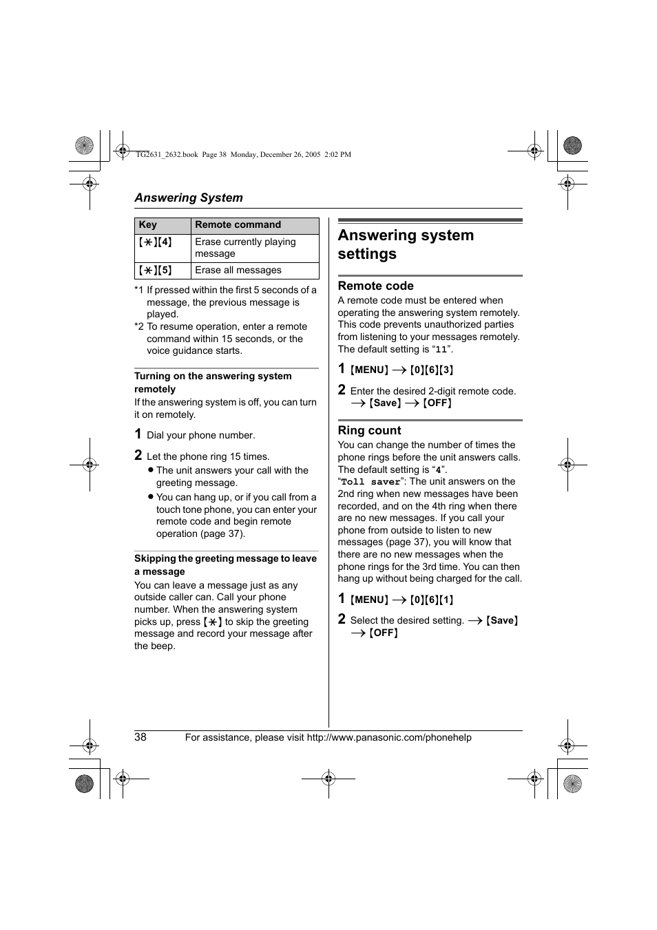 Answering system settings | Panasonic 2.4 GHz Digital Cordless Answering System KX-TG2631 User Manual | Page 38 / 60