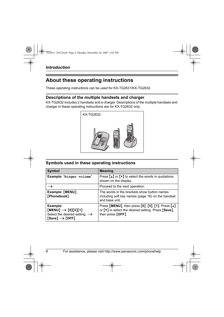 About these operating instructions | Panasonic 2.4 GHz Digital Cordless Answering System KX-TG2631 User Manual | Page 4 / 60