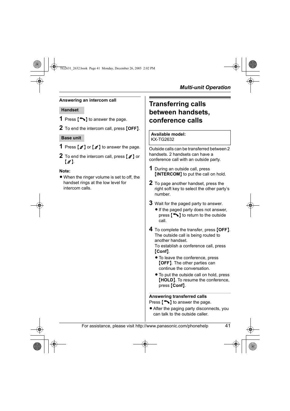 Panasonic 2.4 GHz Digital Cordless Answering System KX-TG2631 User Manual | Page 41 / 60