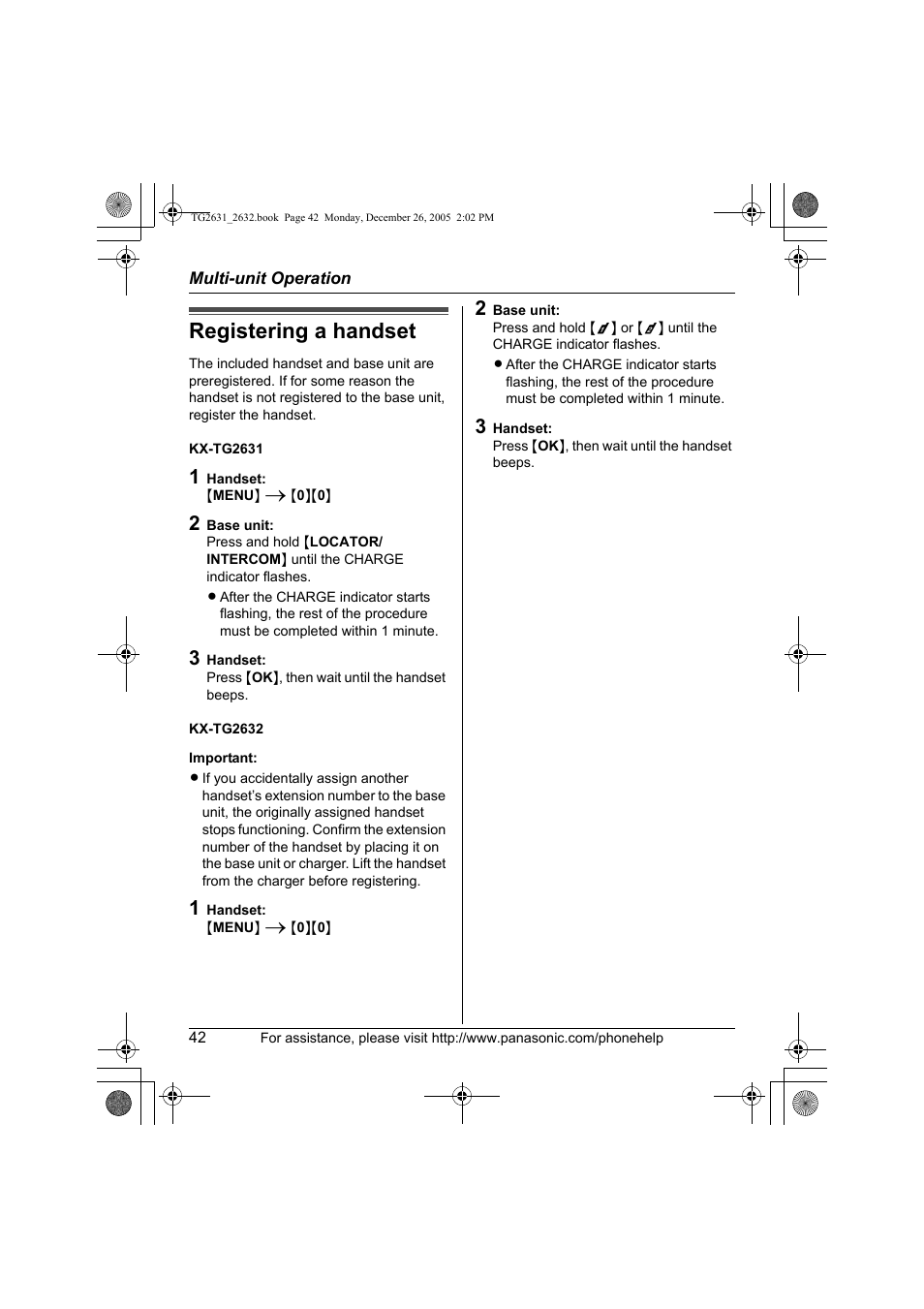 Registering a handset | Panasonic 2.4 GHz Digital Cordless Answering System KX-TG2631 User Manual | Page 42 / 60