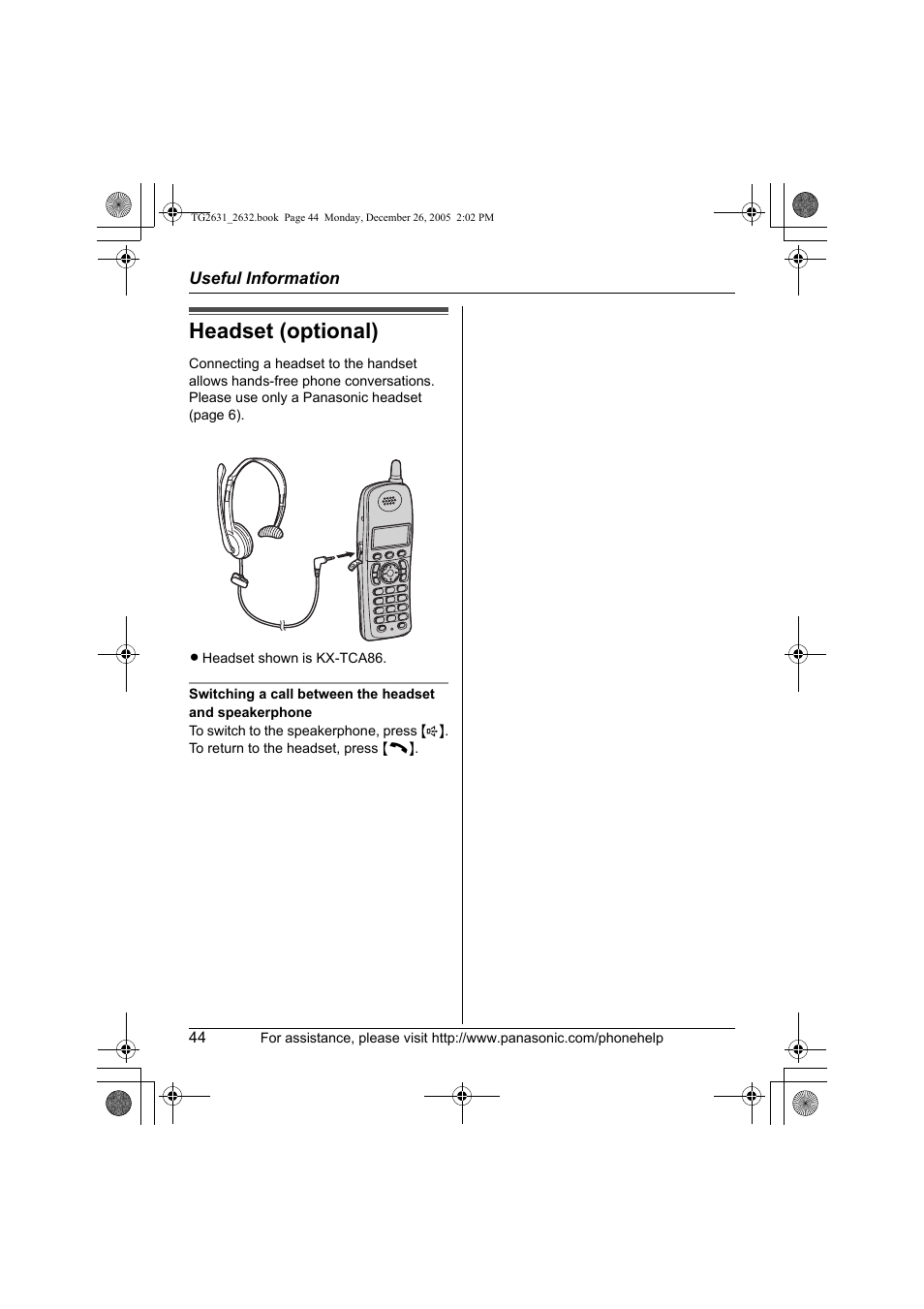 Headset (optional) | Panasonic 2.4 GHz Digital Cordless Answering System KX-TG2631 User Manual | Page 44 / 60