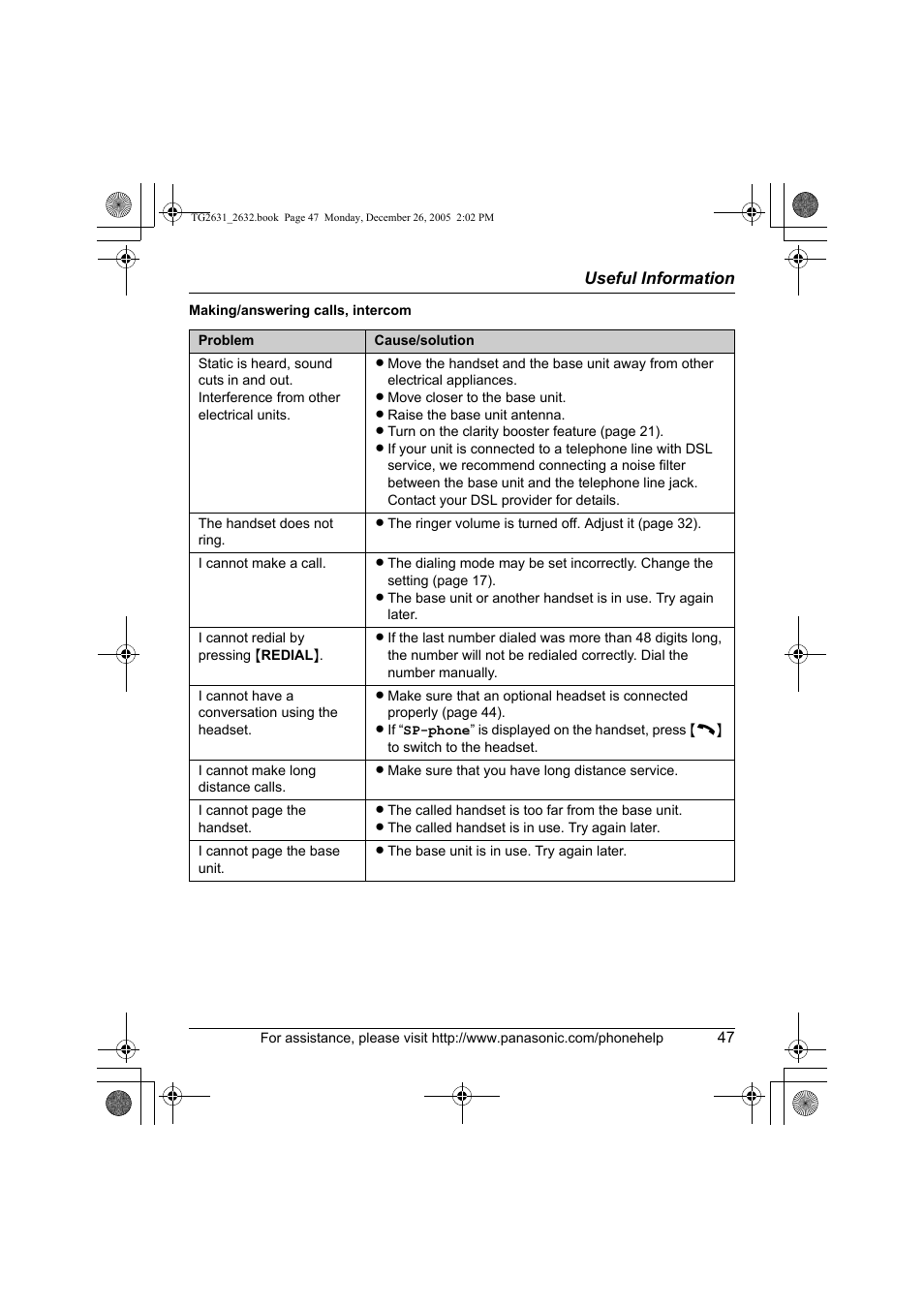 Panasonic 2.4 GHz Digital Cordless Answering System KX-TG2631 User Manual | Page 47 / 60