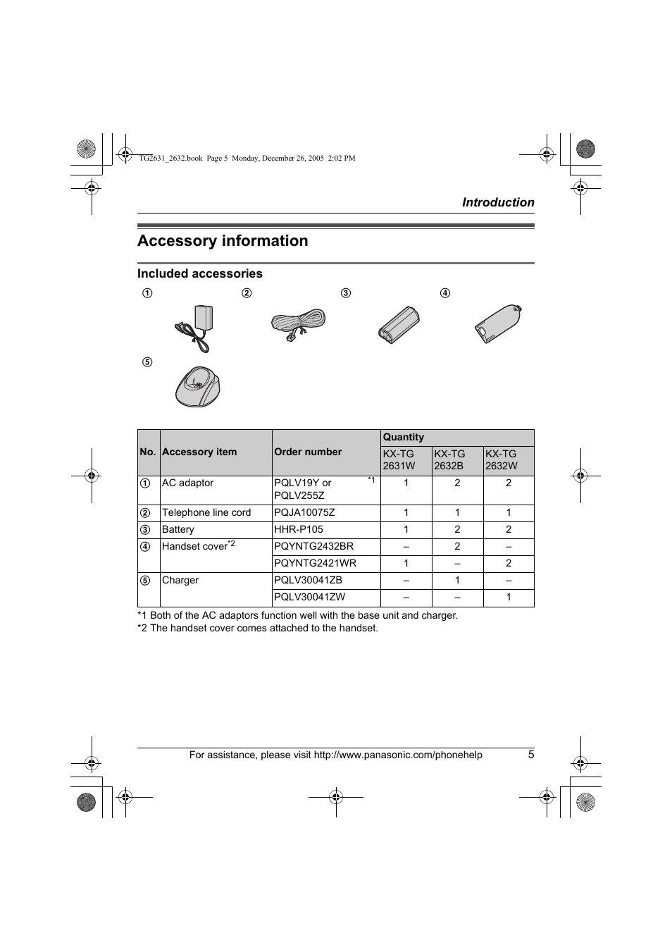 Accessory information | Panasonic 2.4 GHz Digital Cordless Answering System KX-TG2631 User Manual | Page 5 / 60