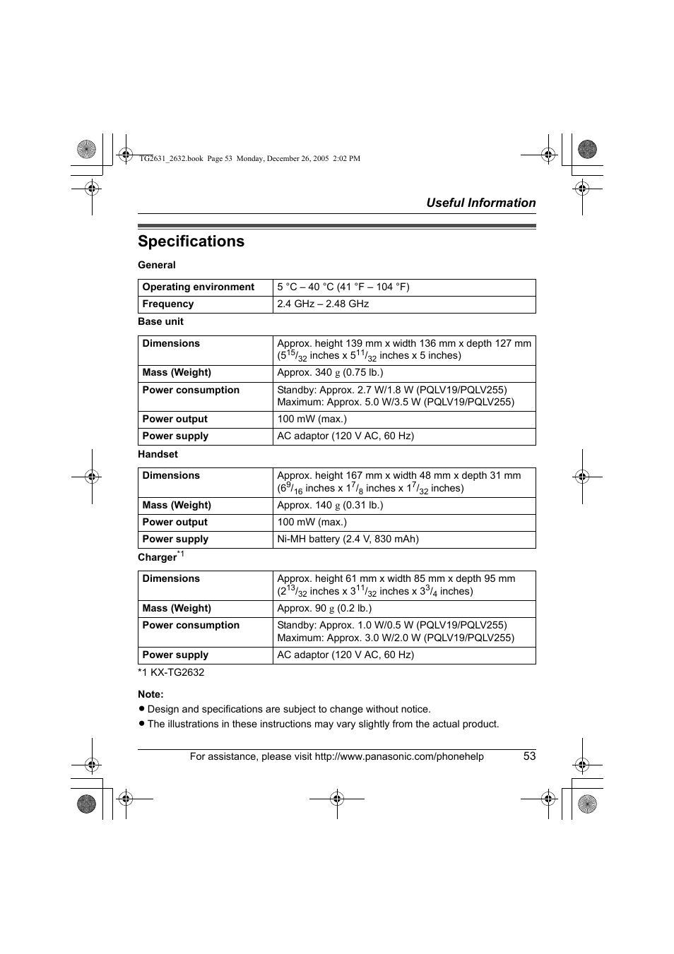 Specifications, Useful information | Panasonic 2.4 GHz Digital Cordless Answering System KX-TG2631 User Manual | Page 53 / 60
