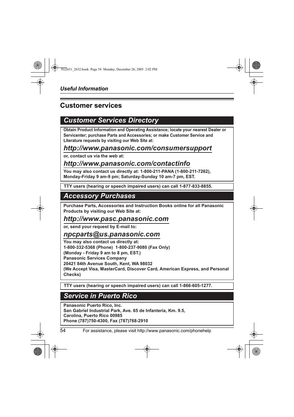 Customer services, Customer services customer services directory, Accessory purchases service in puerto rico | Panasonic 2.4 GHz Digital Cordless Answering System KX-TG2631 User Manual | Page 54 / 60