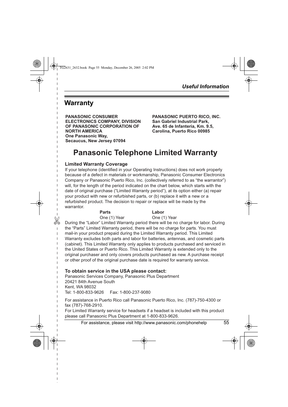 Warranty, Panasonic telephone limited warranty | Panasonic 2.4 GHz Digital Cordless Answering System KX-TG2631 User Manual | Page 55 / 60