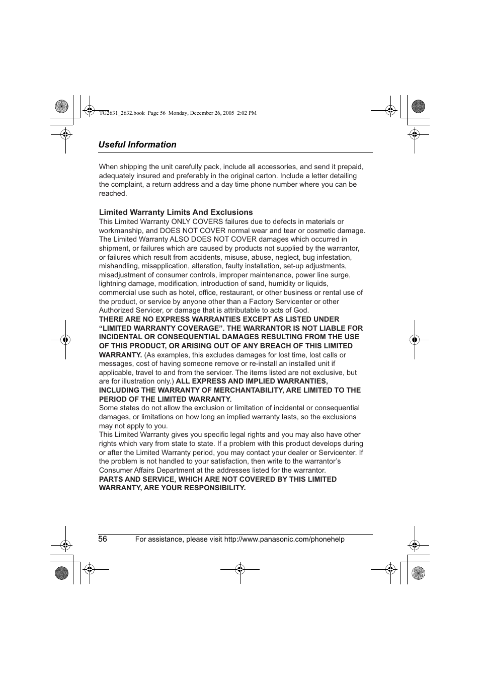 Panasonic 2.4 GHz Digital Cordless Answering System KX-TG2631 User Manual | Page 56 / 60