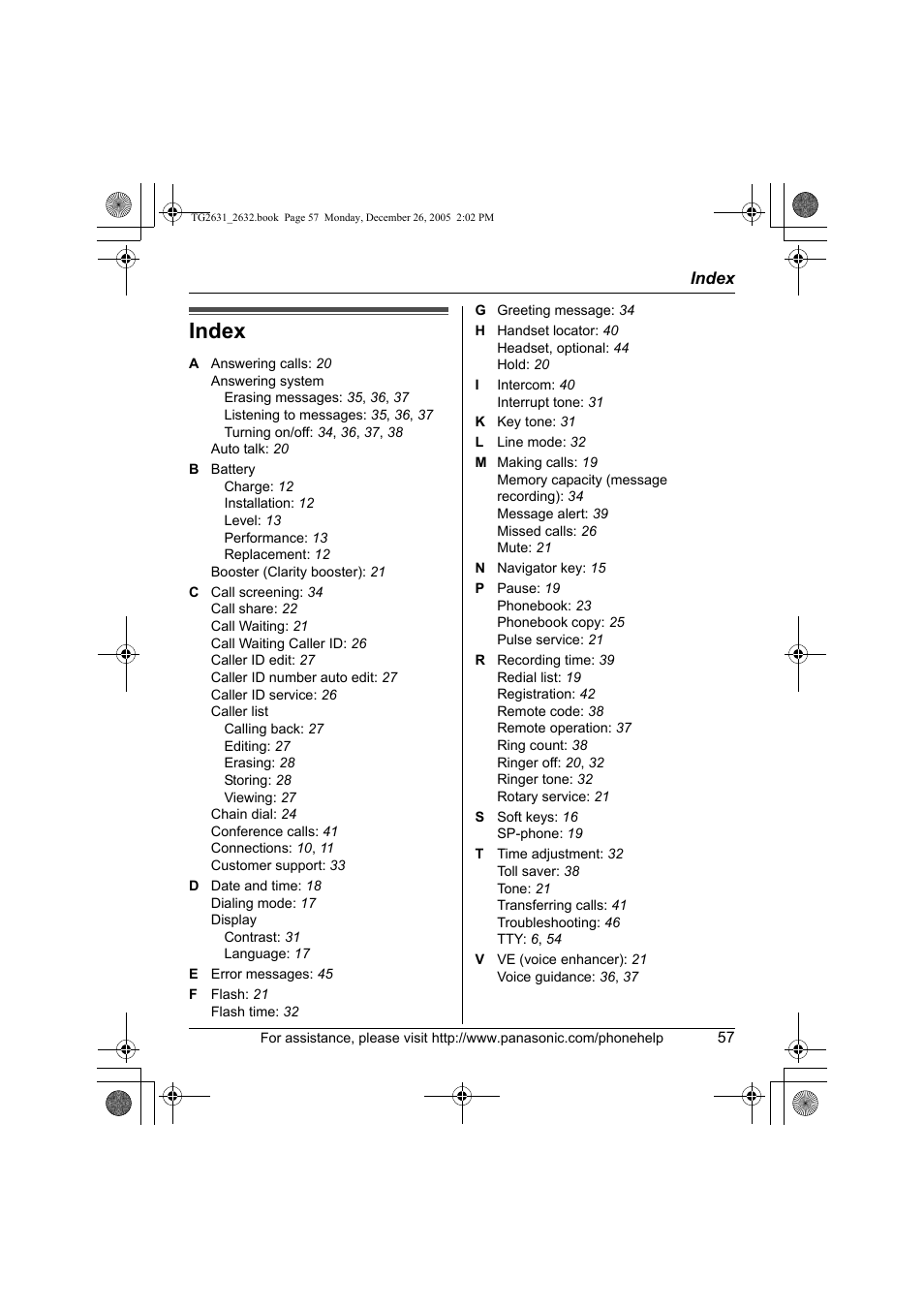 Index | Panasonic 2.4 GHz Digital Cordless Answering System KX-TG2631 User Manual | Page 57 / 60