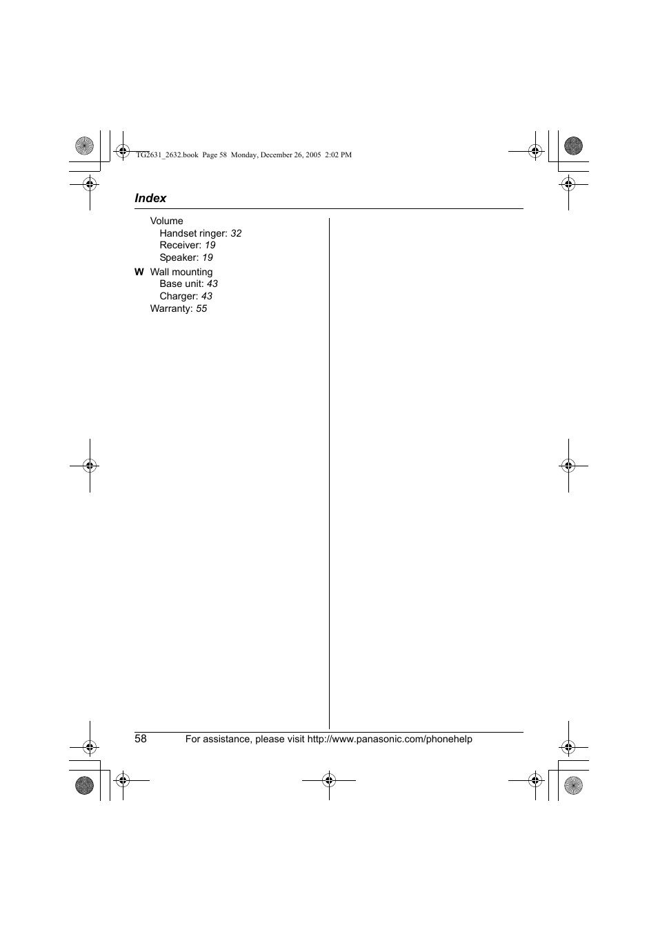 Panasonic 2.4 GHz Digital Cordless Answering System KX-TG2631 User Manual | Page 58 / 60