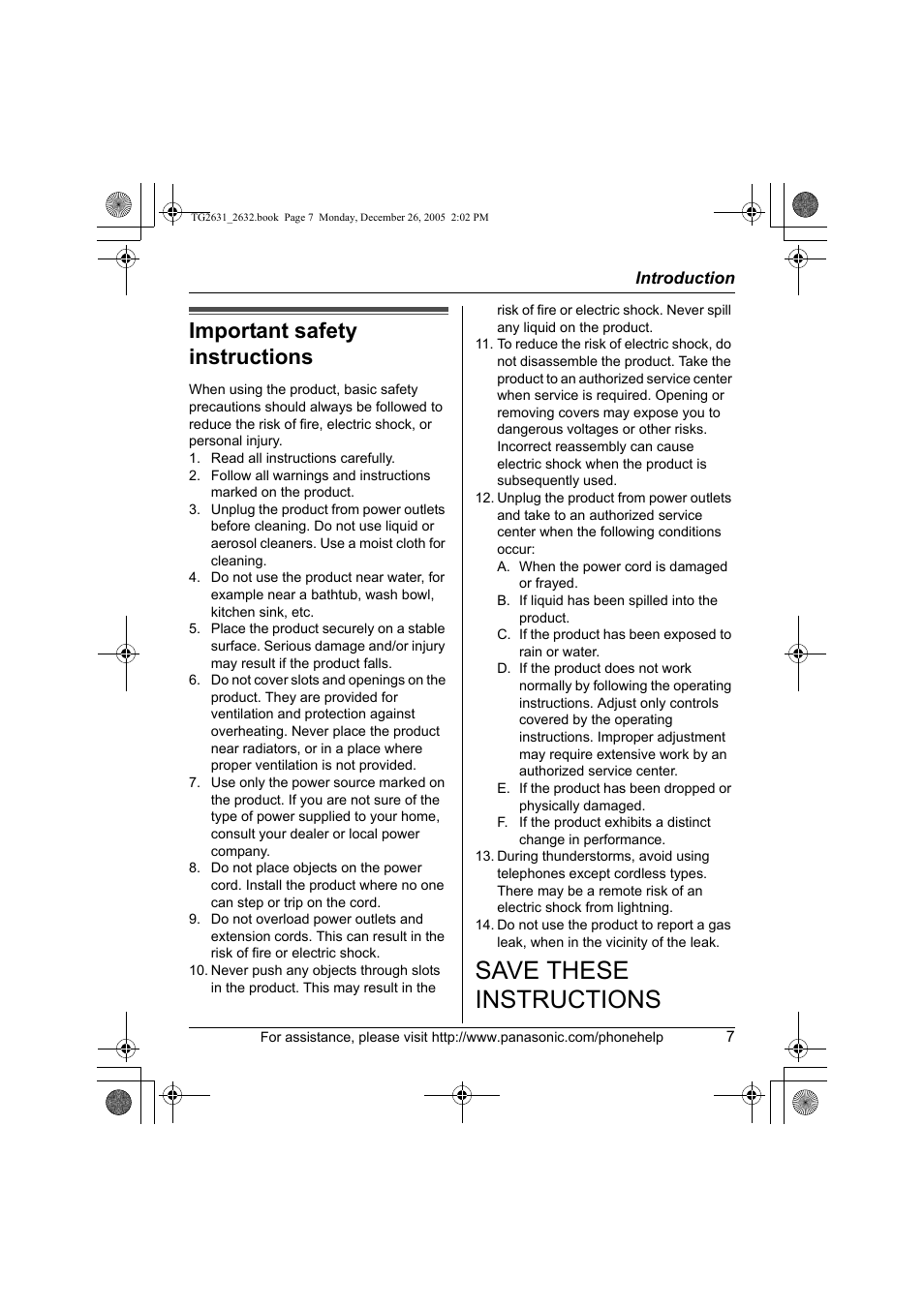 Important safety instructions, Save these instructions | Panasonic 2.4 GHz Digital Cordless Answering System KX-TG2631 User Manual | Page 7 / 60