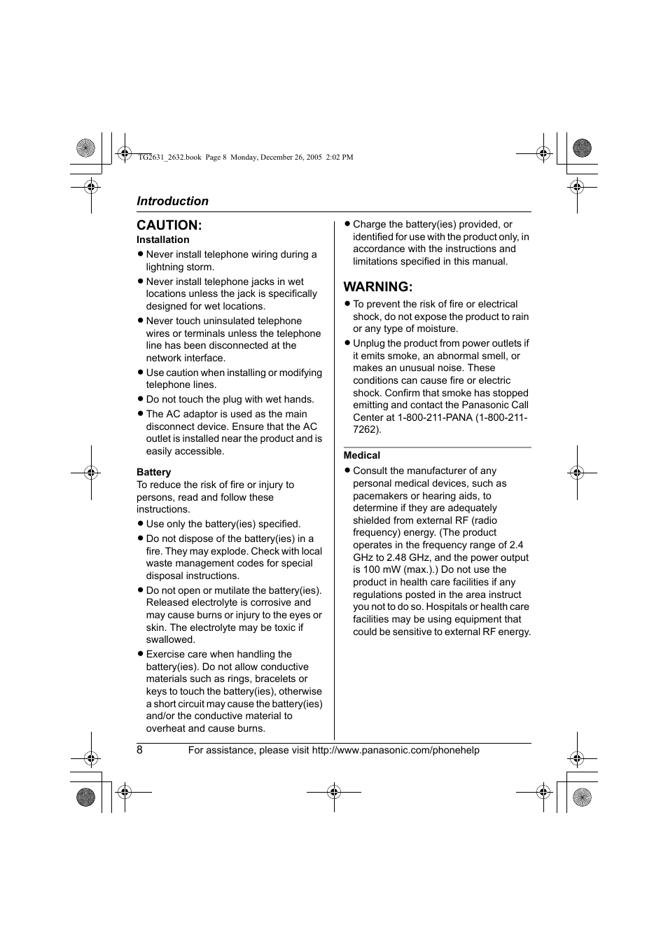 Caution, Warning | Panasonic 2.4 GHz Digital Cordless Answering System KX-TG2631 User Manual | Page 8 / 60