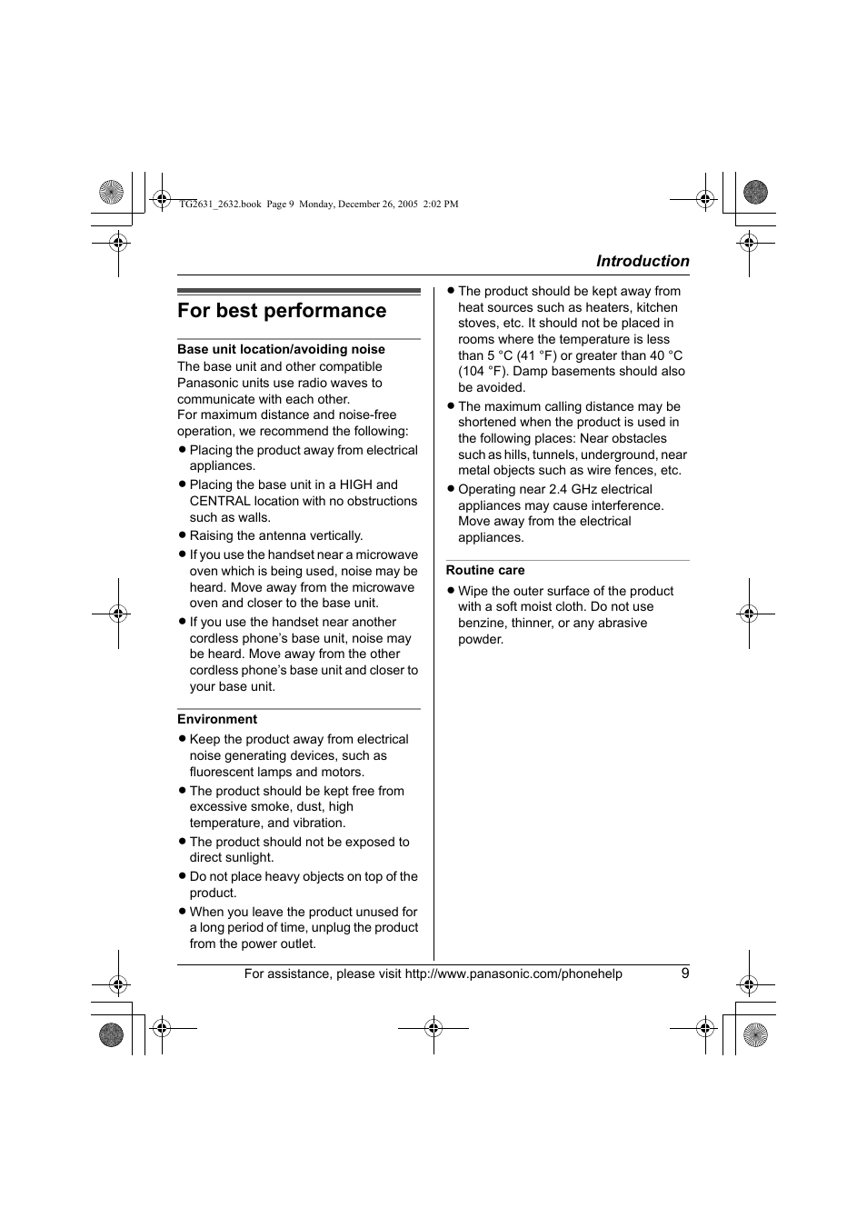 For best performance | Panasonic 2.4 GHz Digital Cordless Answering System KX-TG2631 User Manual | Page 9 / 60