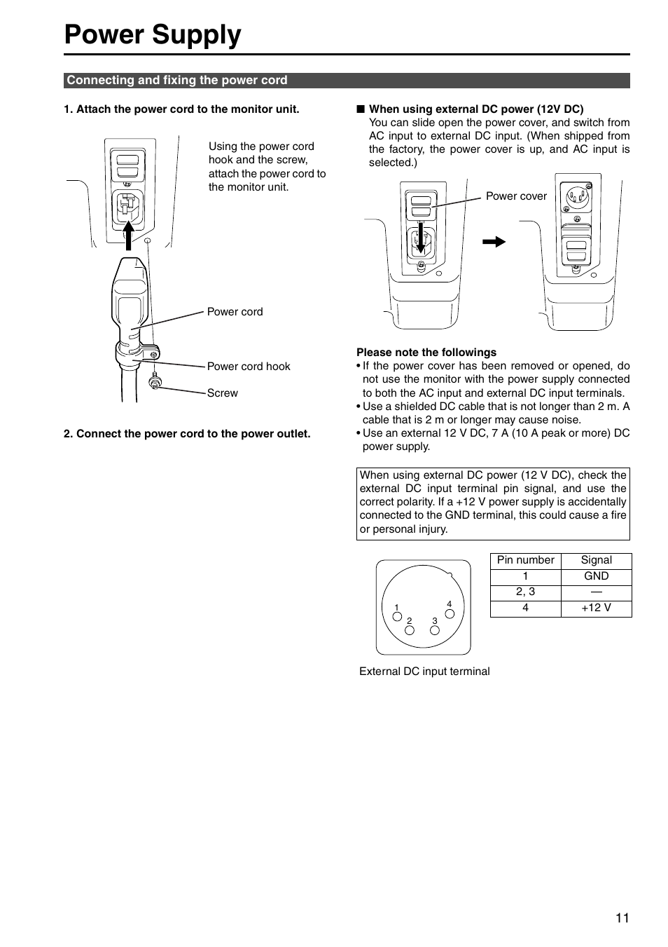 Connecting and fixing the power cord, Power supply | Panasonic BT-LH1760E User Manual | Page 11 / 44