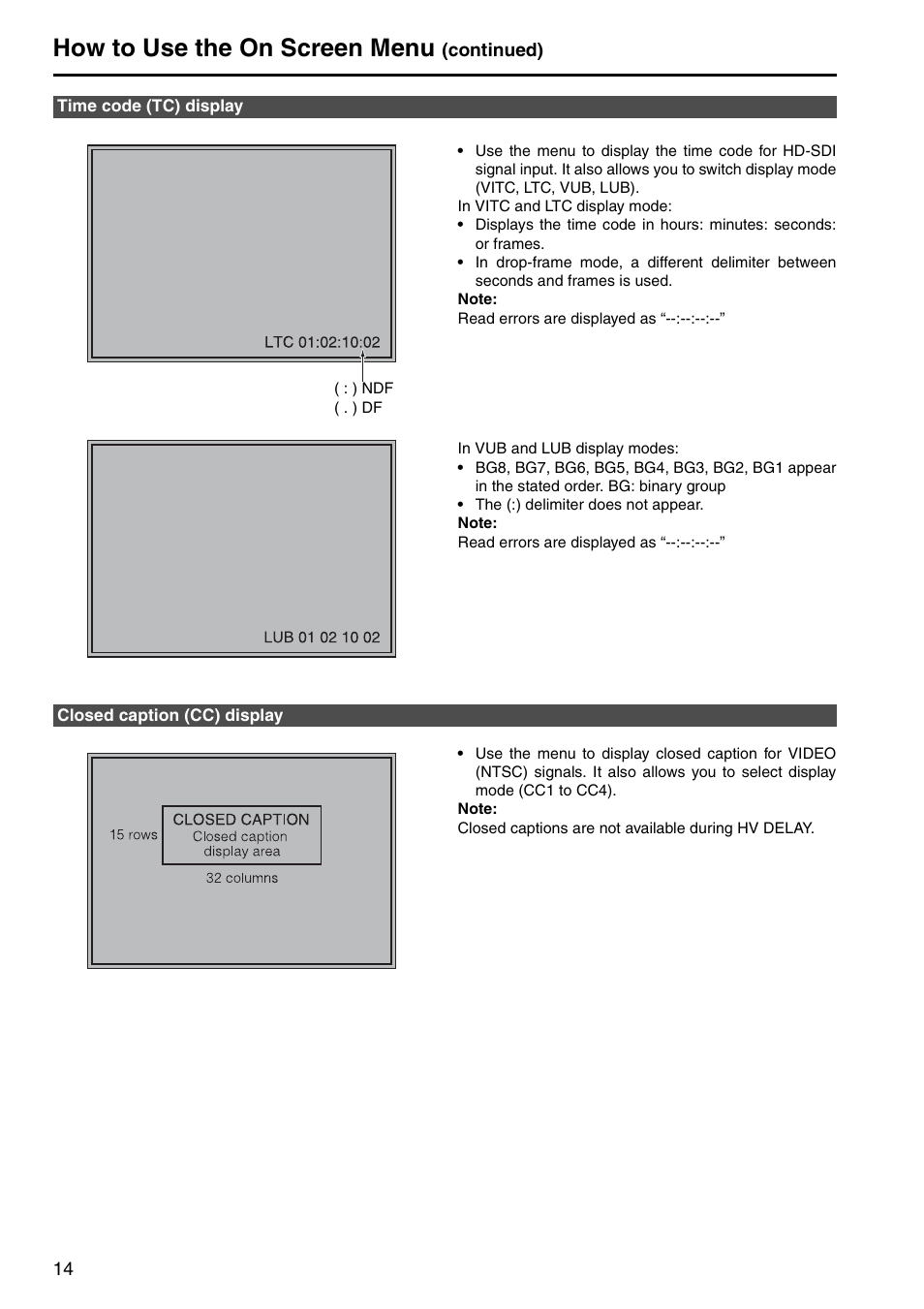Time code (tc) display, Closed caption (cc) display, How to use the on screen menu | Panasonic BT-LH1760E User Manual | Page 14 / 44