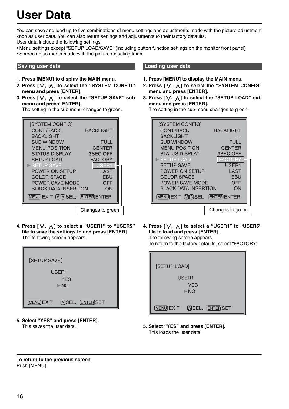Saving user data, Loading user data, User data | Panasonic BT-LH1760E User Manual | Page 16 / 44